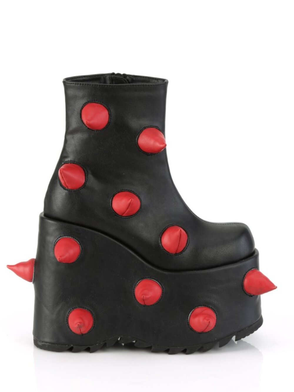 Blk-Red Vegan Leather Ankle Boots with Scattered Puffed Horn Details